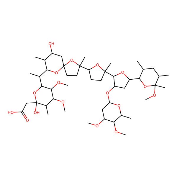 2D Structure of 2-[(2R,3S,4S,5R,6S)-6-[(1R)-1-[(2R,5R,7R,8R,9S)-2-[(2S,5R)-5-[(2R,3R,5S)-3-[(2S,4R,5S,6R)-4,5-dimethoxy-6-methyloxan-2-yl]oxy-5-[(2S,3S,5R,6S)-6-methoxy-3,5,6-trimethyloxan-2-yl]oxolan-2-yl]-5-methyloxolan-2-yl]-7-hydroxy-2,8-dimethyl-1,10-dioxaspiro[4.5]decan-9-yl]ethyl]-2-hydroxy-4,5-dimethoxy-3-methyloxan-2-yl]acetic acid