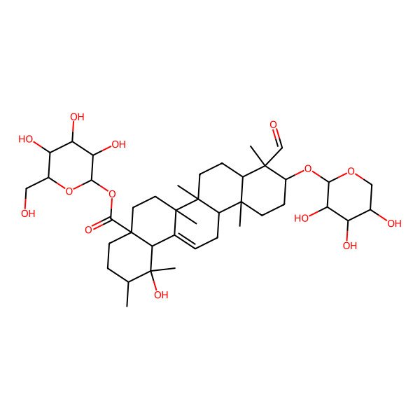 2D Structure of [(2S,3R,4S,5S,6R)-3,4,5-trihydroxy-6-(hydroxymethyl)oxan-2-yl] (1R,2R,4aS,6aR,6aS,6bR,8aR,9R,10S,12aR,14bS)-9-formyl-1-hydroxy-1,2,6a,6b,9,12a-hexamethyl-10-[(2S,3R,4S,5R)-3,4,5-trihydroxyoxan-2-yl]oxy-2,3,4,5,6,6a,7,8,8a,10,11,12,13,14b-tetradecahydropicene-4a-carboxylate