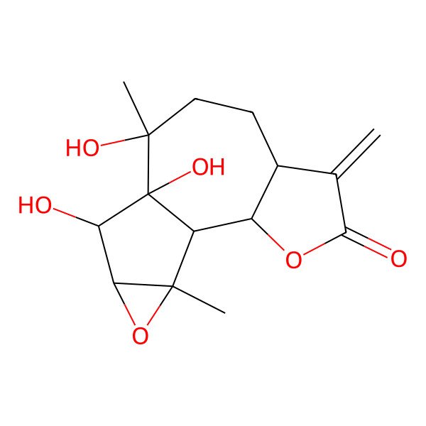 2D Structure of (1R,2S,6S,9R,10S,11S,12R,14S)-9,10,11-trihydroxy-9,14-dimethyl-5-methylidene-3,13-dioxatetracyclo[8.4.0.02,6.012,14]tetradecan-4-one