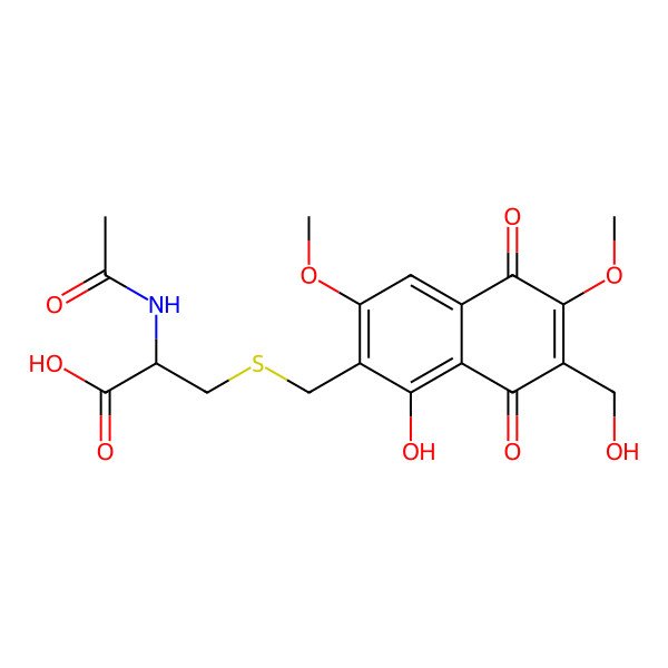 2D Structure of L-Cysteine, N-acetyl-S-((5,8-dihydro-3,6-dimethoxy-5,8-dioxo-1-hydroxy-7-(hydroxymethyl)-2-naphthalenyl)methyl)-