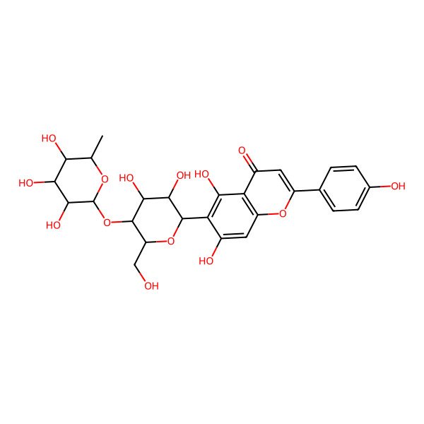 2D Structure of 6-[(2R,3R,4R,5S,6R)-3,4-dihydroxy-6-(hydroxymethyl)-5-[(2R,3R,4R,5R,6S)-3,4,5-trihydroxy-6-methyloxan-2-yl]oxyoxan-2-yl]-5,7-dihydroxy-2-(4-hydroxyphenyl)chromen-4-one