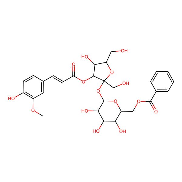 2D Structure of [3,4,5-Trihydroxy-6-[4-hydroxy-3-[3-(4-hydroxy-3-methoxyphenyl)prop-2-enoyloxy]-2,5-bis(hydroxymethyl)oxolan-2-yl]oxyoxan-2-yl]methyl benzoate