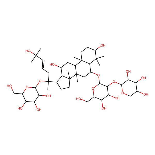 2D Structure of 2-[2-[6-[4,5-dihydroxy-6-(hydroxymethyl)-3-(3,4,5-trihydroxyoxan-2-yl)oxyoxan-2-yl]oxy-3,12-dihydroxy-4,4,8,10,14-pentamethyl-2,3,5,6,7,9,11,12,13,15,16,17-dodecahydro-1H-cyclopenta[a]phenanthren-17-yl]-6-hydroxy-6-methylhept-4-en-2-yl]oxy-6-(hydroxymethyl)oxane-3,4,5-triol