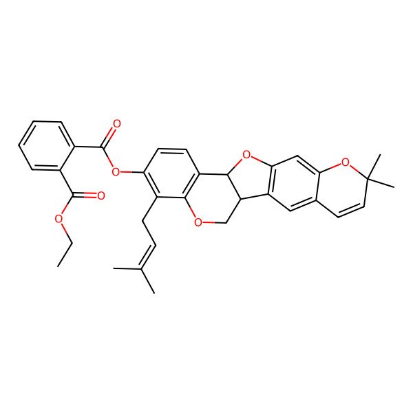 2D Structure of 2-O-[7,7-dimethyl-18-(3-methylbut-2-enyl)-8,12,20-trioxapentacyclo[11.8.0.02,11.04,9.014,19]henicosa-2(11),3,5,9,14(19),15,17-heptaen-17-yl] 1-O-ethyl benzene-1,2-dicarboxylate
