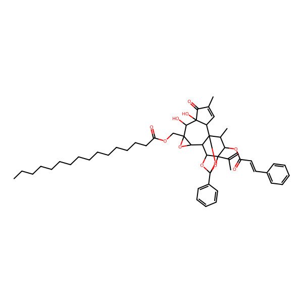 2D Structure of [6,7-Dihydroxy-4,18-dimethyl-5-oxo-14-phenyl-17-(3-phenylprop-2-enoyloxy)-16-prop-1-en-2-yl-9,13,15,19-tetraoxahexacyclo[12.4.1.01,11.02,6.08,10.012,16]nonadec-3-en-8-yl]methyl hexadecanoate