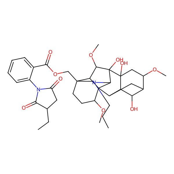 2D Structure of (4,8,9-Trihydroxy-6,16,18-trimethoxy-11-propyl-11-azahexacyclo[7.7.2.12,5.01,10.03,8.013,17]nonadecan-13-yl)methyl 2-(3-ethyl-2,5-dioxopyrrolidin-1-yl)benzoate