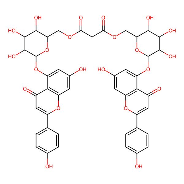 2D Structure of bis[[(2R,3S,4S,5R,6S)-3,4,5-trihydroxy-6-[7-hydroxy-2-(4-hydroxyphenyl)-4-oxochromen-5-yl]oxyoxan-2-yl]methyl] propanedioate
