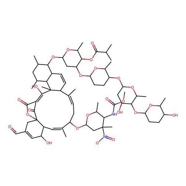 2D Structure of [6-[[3-Formyl-5,23-dihydroxy-9-[5-(methoxycarbonylamino)-4,6-dimethyl-4-nitrooxan-2-yl]oxy-8,12,18,20,22-pentamethyl-25,27-dioxo-26-oxapentacyclo[22.2.1.01,6.013,22.016,21]heptacosa-3,7,11,14,23-pentaen-17-yl]oxy]-4-[5-[4-hydroxy-5-(5-hydroxy-6-methyloxan-2-yl)oxy-6-methyloxan-2-yl]oxy-6-methyloxan-2-yl]oxy-2-methyloxan-3-yl] 2-methylpropanoate