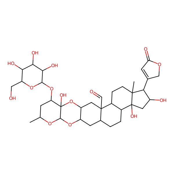 2D Structure of 10,20,22-trihydroxy-7,18-dimethyl-19-(5-oxo-2H-furan-3-yl)-9-[3,4,5-trihydroxy-6-(hydroxymethyl)oxan-2-yl]oxy-4,6,11-trioxahexacyclo[12.11.0.03,12.05,10.015,23.018,22]pentacosane-14-carbaldehyde