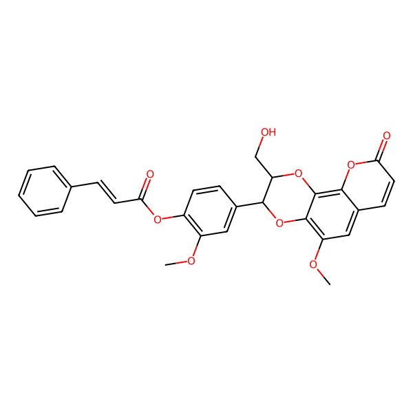 2D Structure of [4-[2-(Hydroxymethyl)-5-methoxy-9-oxo-2,3-dihydropyrano[3,2-h][1,4]benzodioxin-3-yl]-2-methoxyphenyl] 3-phenylprop-2-enoate