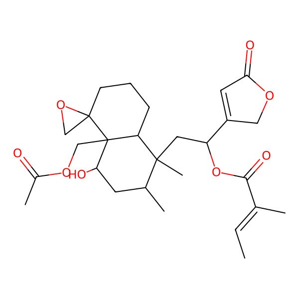 2D Structure of [2-[4a-(acetyloxymethyl)-4-hydroxy-1,2-dimethylspiro[3,4,6,7,8,8a-hexahydro-2H-naphthalene-5,2'-oxirane]-1-yl]-1-(5-oxo-2H-furan-3-yl)ethyl] 2-methylbut-2-enoate