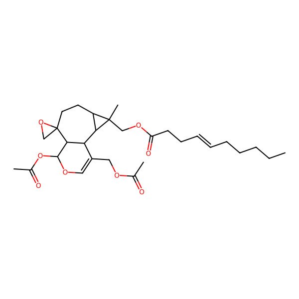 2D Structure of [9-Acetyloxy-12-(acetyloxymethyl)-3-methylspiro[10-oxatricyclo[6.4.0.02,4]dodec-11-ene-7,2'-oxirane]-3-yl]methyl dec-4-enoate