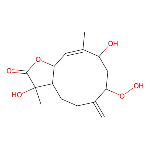 2D Structure of (3R,3aR,7R,9R,10E,11aR)-7-hydroperoxy-3,9-dihydroxy-3,10-dimethyl-6-methylidene-4,5,7,8,9,11a-hexahydro-3aH-cyclodeca[b]furan-2-one