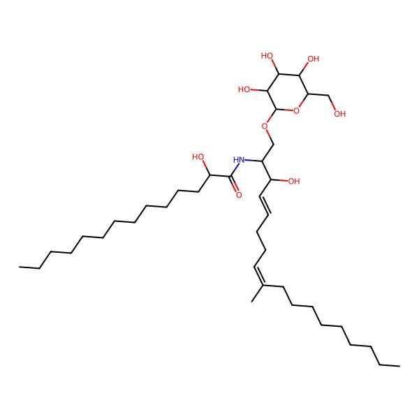 2D Structure of (2R)-2-hydroxy-N-[(2S,3R,4E,8E)-3-hydroxy-9-methyl-1-[(2R,3R,4S,5S,6R)-3,4,5-trihydroxy-6-(hydroxymethyl)oxan-2-yl]oxyoctadeca-4,8-dien-2-yl]tetradecanamide