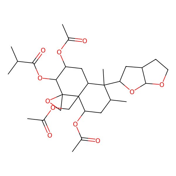 2D Structure of [5-(2,3,3a,4,5,6a-hexahydrofuro[2,3-b]furan-5-yl)-3,8-diacetyloxy-8a-(acetyloxymethyl)-5,6-dimethylspiro[3,4,4a,6,7,8-hexahydro-2H-naphthalene-1,2'-oxirane]-2-yl] 2-methylpropanoate