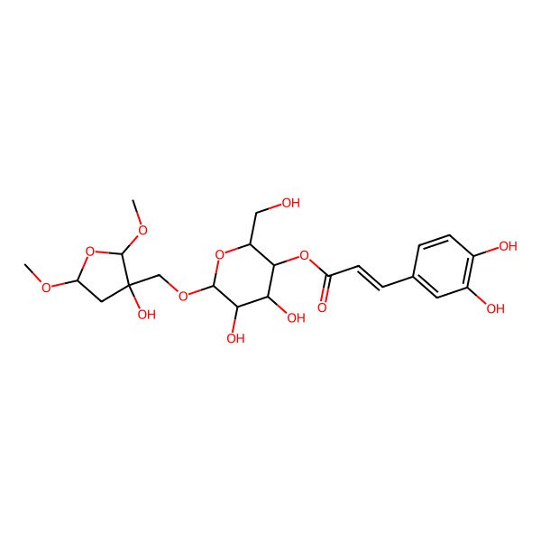 2D Structure of [(2R,3R,4R,5R,6R)-4,5-dihydroxy-6-[[(2R,3S,5S)-3-hydroxy-2,5-dimethoxyoxolan-3-yl]methoxy]-2-(hydroxymethyl)oxan-3-yl] (E)-3-(3,4-dihydroxyphenyl)prop-2-enoate