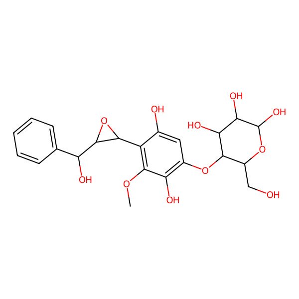 2D Structure of 5-[2,5-Dihydroxy-4-[3-[hydroxy(phenyl)methyl]oxiran-2-yl]-3-methoxyphenoxy]-6-(hydroxymethyl)oxane-2,3,4-triol