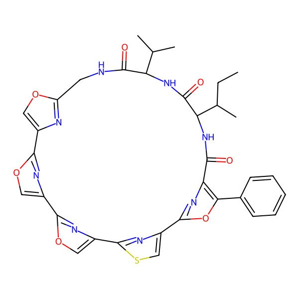 2D Structure of 20-Butan-2-yl-16-phenyl-23-propan-2-yl-3,7,15,28-tetraoxa-11-thia-19,22,25,30,31,32,33,34-octazahexacyclo[25.2.1.12,5.16,9.110,13.114,17]tetratriaconta-1(29),2(34),4,6(33),8,10(32),12,14(31),16,27(30)-decaene-18,21,24-trione