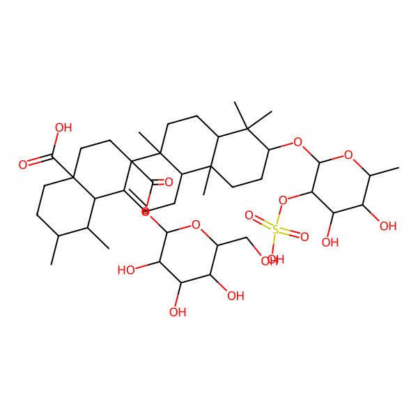 2D Structure of (1S,2R,4aS,6aR,6aR,6bR,8aR,10S,12aR,14bS)-10-[(2R,3R,4S,5S,6R)-4,5-dihydroxy-6-methyl-3-sulfooxyoxan-2-yl]oxy-1,2,6b,9,9,12a-hexamethyl-6a-[(2S,3R,4S,5S,6R)-3,4,5-trihydroxy-6-(hydroxymethyl)oxan-2-yl]oxycarbonyl-2,3,4,5,6,6a,7,8,8a,10,11,12,13,14b-tetradecahydro-1H-picene-4a-carboxylic acid