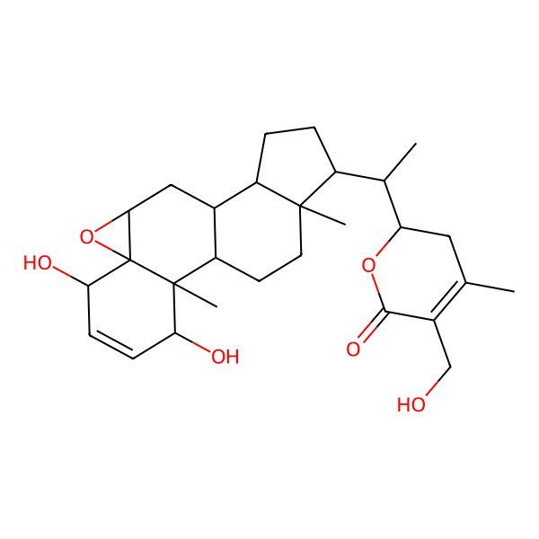 2D Structure of 2-[1-(3,6-Dihydroxy-2,16-dimethyl-8-oxapentacyclo[9.7.0.02,7.07,9.012,16]octadec-4-en-15-yl)ethyl]-5-(hydroxymethyl)-4-methyl-2,3-dihydropyran-6-one