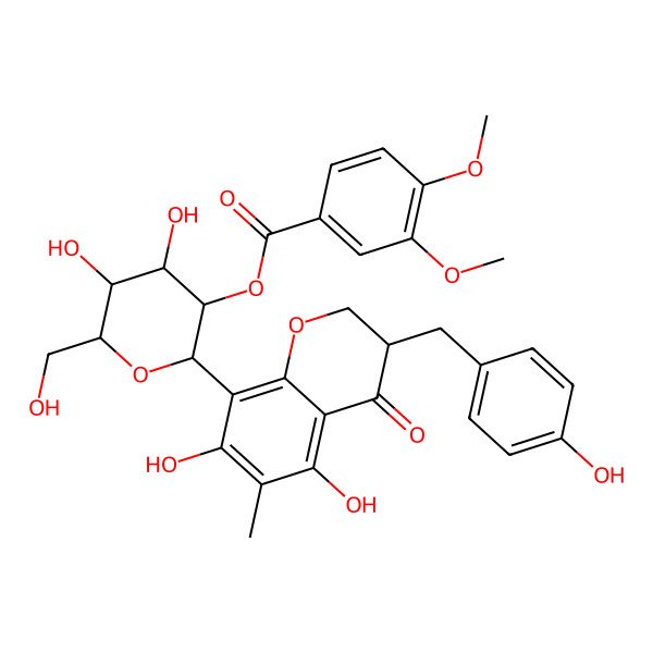 2D Structure of [(2S,3R,4S,5S,6R)-2-[(3R)-5,7-dihydroxy-3-[(4-hydroxyphenyl)methyl]-6-methyl-4-oxo-2,3-dihydrochromen-8-yl]-4,5-dihydroxy-6-(hydroxymethyl)oxan-3-yl] 3,4-dimethoxybenzoate