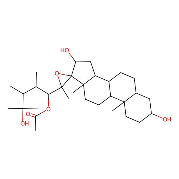 2D Structure of [1-(3,16-Dihydroxy-2',10,13-trimethylspiro[1,2,3,4,5,6,7,8,9,11,12,14,15,16-tetradecahydrocyclopenta[a]phenanthrene-17,3'-oxirane]-2'-yl)-4-hydroxy-2,3,4-trimethylpentyl] acetate