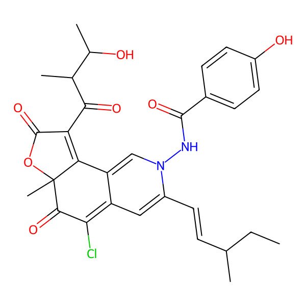 2D Structure of N-[5-chloro-9-(3-hydroxy-2-methylbutanoyl)-6a-methyl-3-(3-methylpent-1-enyl)-6,8-dioxofuro[2,3-h]isoquinolin-2-yl]-4-hydroxybenzamide