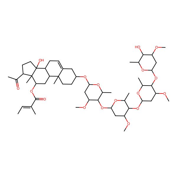 2D Structure of [17-Acetyl-14-hydroxy-3-[5-[5-[5-(5-hydroxy-4-methoxy-6-methyloxan-2-yl)oxy-4-methoxy-6-methyloxan-2-yl]oxy-4-methoxy-6-methyloxan-2-yl]oxy-4-methoxy-6-methyloxan-2-yl]oxy-10,13-dimethyl-1,2,3,4,7,8,9,11,12,15,16,17-dodecahydrocyclopenta[a]phenanthren-12-yl] 2-methylbut-2-enoate