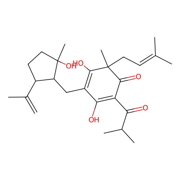 2D Structure of (6S)-3,5-dihydroxy-4-[[(1R,2S,5S)-2-hydroxy-2-methyl-5-prop-1-en-2-ylcyclopentyl]methyl]-6-methyl-6-(3-methylbut-2-enyl)-2-(2-methylpropanoyl)cyclohexa-2,4-dien-1-one