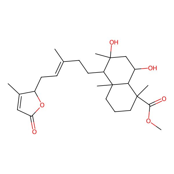 2D Structure of methyl (1R,4aS,5R,6R,8S,8aR)-6,8-dihydroxy-1,4a,6-trimethyl-5-[(E)-3-methyl-5-[(2S)-3-methyl-5-oxo-2H-furan-2-yl]pent-3-enyl]-3,4,5,7,8,8a-hexahydro-2H-naphthalene-1-carboxylate