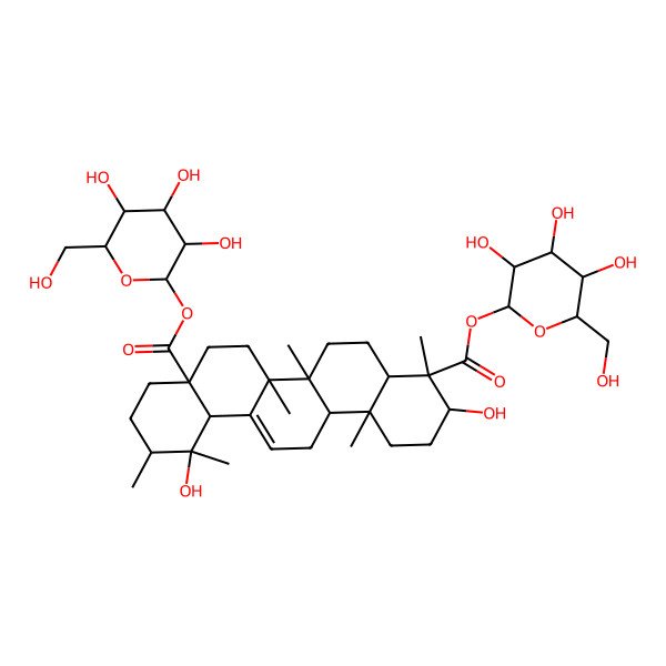 2D Structure of Bis[3,4,5-trihydroxy-6-(hydroxymethyl)oxan-2-yl] 3,12-dihydroxy-4,6a,6b,11,12,14b-hexamethyl-1,2,3,4a,5,6,7,8,9,10,11,12a,14,14a-tetradecahydropicene-4,8a-dicarboxylate