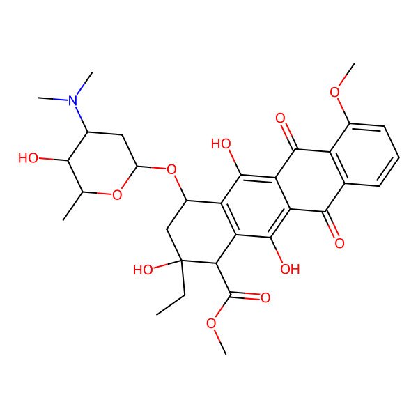 2D Structure of methyl (1S,2S,4S)-4-[(2R,4S,5S,6S)-4-(dimethylamino)-5-hydroxy-6-methyloxan-2-yl]oxy-2-ethyl-2,5,12-trihydroxy-7-methoxy-6,11-dioxo-3,4-dihydro-1H-tetracene-1-carboxylate