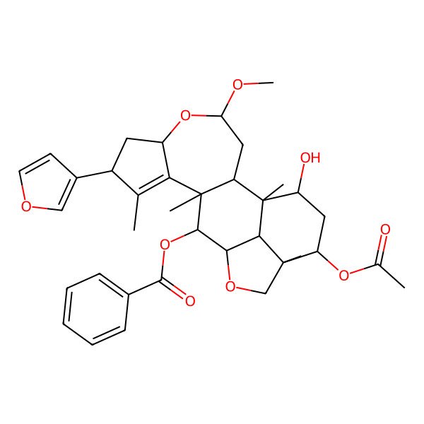 2D Structure of [(1R,2R,4R,6S,8R,11R,12S,13R,16R,17R,19S,20R)-17-acetyloxy-8-(furan-3-yl)-19-hydroxy-4-methoxy-1,9,11,16-tetramethyl-5,14-dioxapentacyclo[11.6.1.02,11.06,10.016,20]icos-9-en-12-yl] benzoate