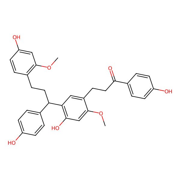 2D Structure of 3-[4-hydroxy-5-[(1R)-3-(4-hydroxy-2-methoxyphenyl)-1-(4-hydroxyphenyl)propyl]-2-methoxyphenyl]-1-(4-hydroxyphenyl)propan-1-one