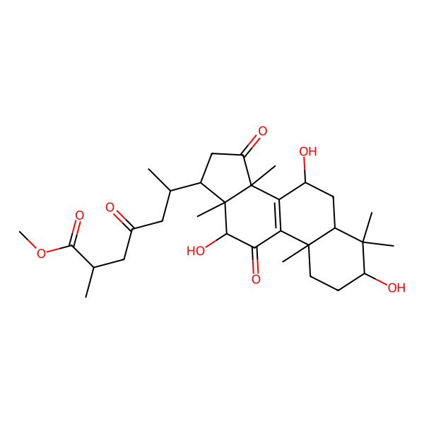 2D Structure of methyl (2S,6R)-2-methyl-4-oxo-6-[(3S,5R,7S,10S,12S,13R,14R,17R)-3,7,12-trihydroxy-4,4,10,13,14-pentamethyl-11,15-dioxo-2,3,5,6,7,12,16,17-octahydro-1H-cyclopenta[a]phenanthren-17-yl]heptanoate