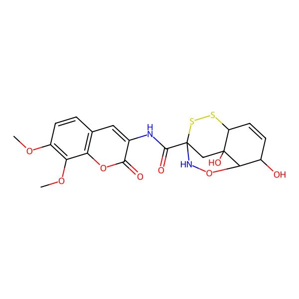2D Structure of N-(7,8-dimethoxy-2-oxochromen-3-yl)-7,9-dihydroxy-12-oxa-2,3-dithia-11-azatricyclo[6.2.2.04,9]dodec-5-ene-1-carboxamide