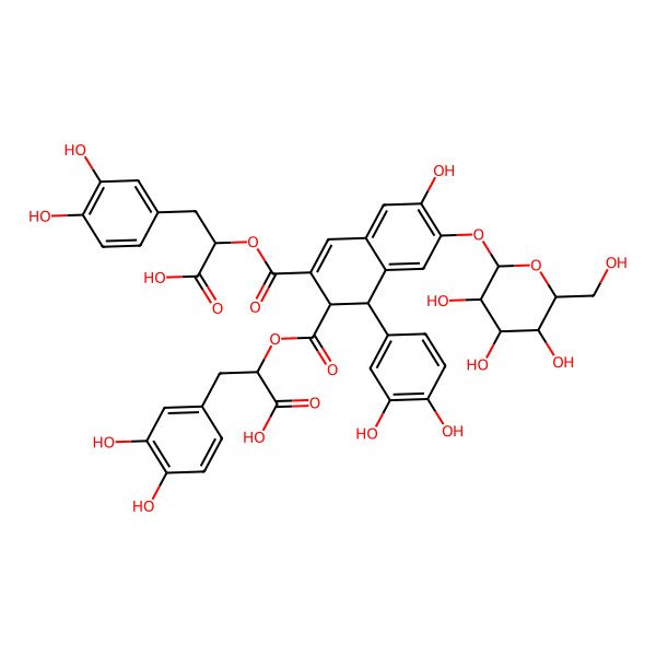 2D Structure of (2R)-2-[(1R)-3-[(1R)-1-carboxy-2-(3,4-dihydroxyphenyl)ethoxy]carbonyl-1-(3,4-dihydroxyphenyl)-6-hydroxy-7-[(2S,3R,4S,5S,6R)-3,4,5-trihydroxy-6-(hydroxymethyl)oxan-2-yl]oxy-1,2-dihydronaphthalene-2-carbonyl]oxy-3-(3,4-dihydroxyphenyl)propanoic acid