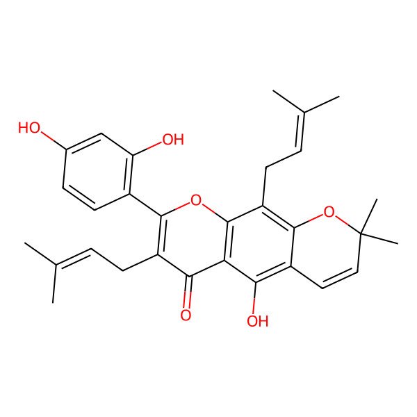 2D Structure of 8-(2,4-Dihydroxyphenyl)-5-hydroxy-2,2-dimethyl-7,10-bis(3-methylbut-2-enyl)pyrano[3,2-g]chromen-6-one