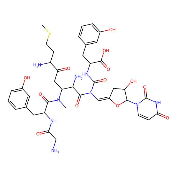 2D Structure of 2-[[[2,6-Diamino-3-[[2-[(2-aminoacetyl)amino]-3-(3-hydroxyphenyl)propanoyl]-methylamino]-8-methylsulfanyl-5-oxooctanoyl]-[[5-(2,4-dioxopyrimidin-1-yl)-4-hydroxyoxolan-2-ylidene]methyl]carbamoyl]amino]-3-(3-hydroxyphenyl)propanoic acid