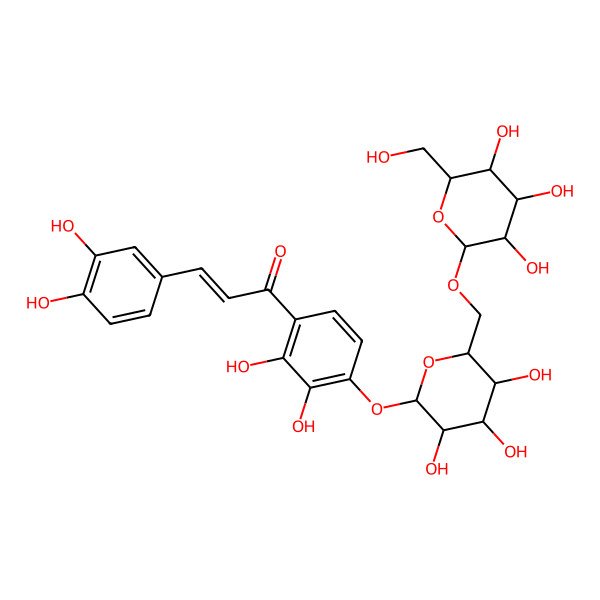 2D Structure of 3-(3,4-Dihydroxyphenyl)-1-[2,3-dihydroxy-4-[3,4,5-trihydroxy-6-[[3,4,5-trihydroxy-6-(hydroxymethyl)oxan-2-yl]oxymethyl]oxan-2-yl]oxyphenyl]prop-2-en-1-one