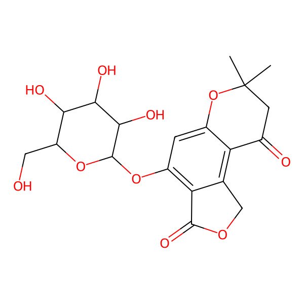 2D Structure of 7,7-dimethyl-4-[(2S,3R,4S,5S,6R)-3,4,5-trihydroxy-6-(hydroxymethyl)oxan-2-yl]oxy-1,8-dihydrofuro[3,4-f]chromene-3,9-dione