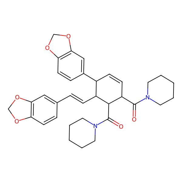 2D Structure of [(4R,5R,6S)-4-(1,3-benzodioxol-5-yl)-5-[(E)-2-(1,3-benzodioxol-5-yl)ethenyl]-6-(piperidine-1-carbonyl)cyclohex-2-en-1-yl]-piperidin-1-ylmethanone