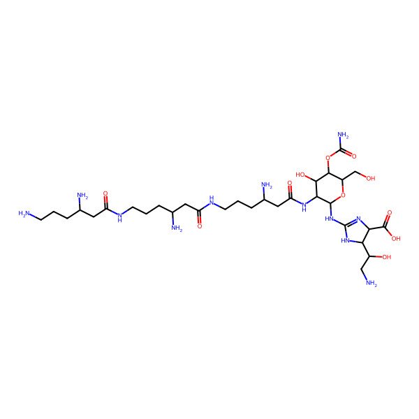2D Structure of (4S,5S)-2-[[3-[[(3S)-3-amino-6-[[(3S)-3-amino-6-[[(3S)-3,6-diaminohexanoyl]amino]hexanoyl]amino]hexanoyl]amino]-5-carbamoyloxy-4-hydroxy-6-(hydroxymethyl)oxan-2-yl]amino]-5-[(1R)-2-amino-1-hydroxyethyl]-4,5-dihydro-1H-imidazole-4-carboxylic acid