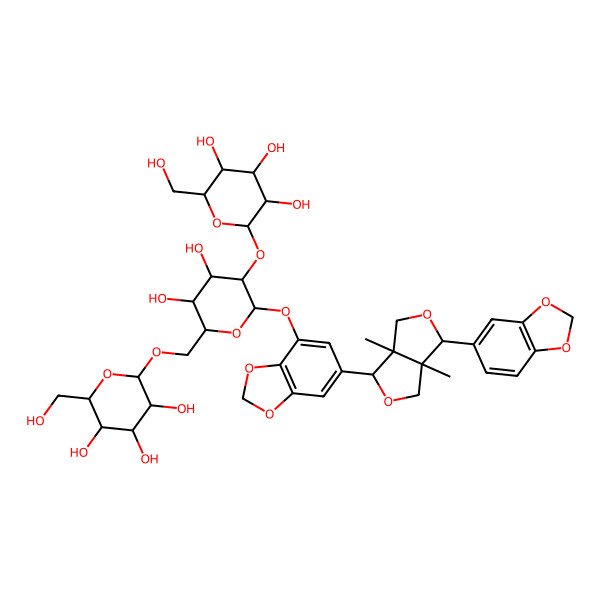 2D Structure of (2R,3S,5S)-2-[[(3S,5S,6S)-6-[[6-[(3R,3aR,6R,6aR)-3-(1,3-benzodioxol-5-yl)-3a,6a-dimethyl-1,3,4,6-tetrahydrofuro[3,4-c]furan-6-yl]-1,3-benzodioxol-4-yl]oxy]-3,4-dihydroxy-5-[(2S,3S,5S)-3,4,5-trihydroxy-6-(hydroxymethyl)oxan-2-yl]oxyoxan-2-yl]methoxy]-6-(hydroxymethyl)oxane-3,4,5-triol