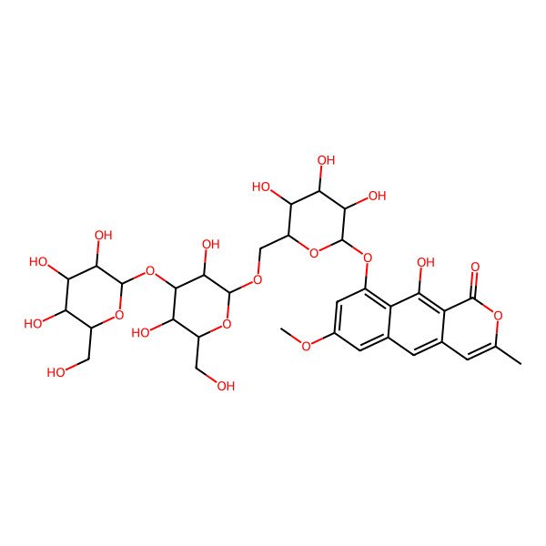 2D Structure of 9-[(2S,3R,4S,5S,6R)-6-[[(2R,3R,4S,5R,6R)-3,5-dihydroxy-6-(hydroxymethyl)-4-[(2S,3R,4S,5S,6R)-3,4,5-trihydroxy-6-(hydroxymethyl)oxan-2-yl]oxyoxan-2-yl]oxymethyl]-3,4,5-trihydroxyoxan-2-yl]oxy-10-hydroxy-7-methoxy-3-methylbenzo[g]isochromen-1-one