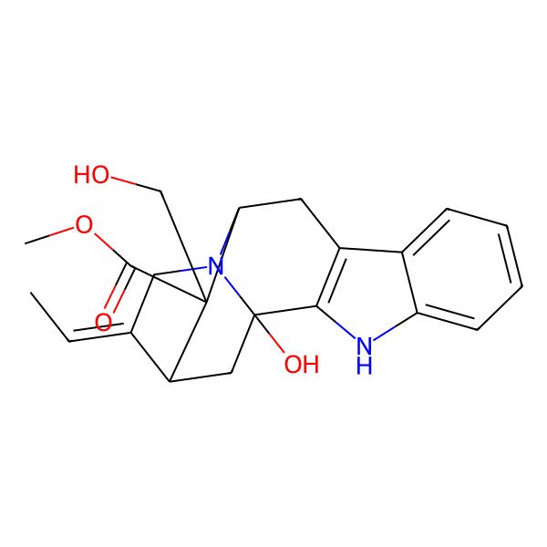 2D Structure of methyl (1R,13R,14R)-15-ethylidene-1-hydroxy-13-(hydroxymethyl)-3,17-diazapentacyclo[12.3.1.02,10.04,9.012,17]octadeca-2(10),4,6,8-tetraene-13-carboxylate