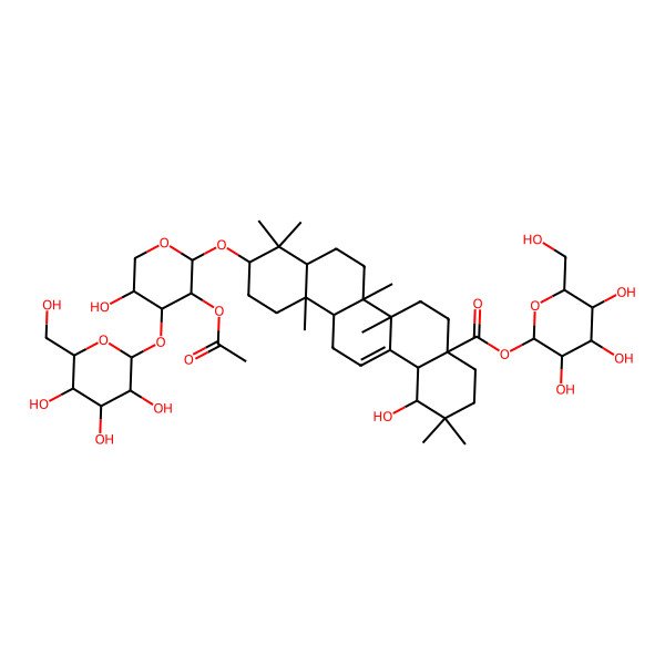 2D Structure of [(2S,3R,4S,5S,6R)-3,4,5-trihydroxy-6-(hydroxymethyl)oxan-2-yl] (1S,4aR,6aR,6aS,6bR,8aR,10S,12aR,14bS)-10-[(2R,3R,4S,5S)-3-acetyloxy-5-hydroxy-4-[(2S,3R,4S,5S,6R)-3,4,5-trihydroxy-6-(hydroxymethyl)oxan-2-yl]oxyoxan-2-yl]oxy-1-hydroxy-2,2,6a,6b,9,9,12a-heptamethyl-1,3,4,5,6,6a,7,8,8a,10,11,12,13,14b-tetradecahydropicene-4a-carboxylate