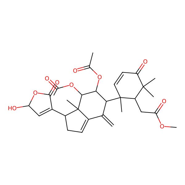 2D Structure of methyl 2-[2-[6,7-diacetyloxy-1-(2-hydroxy-5-oxo-2H-furan-4-yl)-7a-methyl-4-methylidene-2,5,6,7-tetrahydro-1H-inden-5-yl]-2,6,6-trimethyl-5-oxocyclohex-3-en-1-yl]acetate