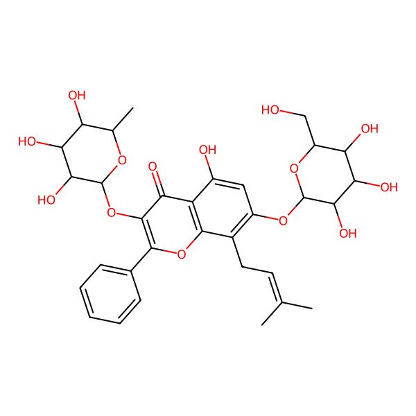 2D Structure of 5-Hydroxy-8-(3-methylbut-2-enyl)-2-phenyl-7-[3,4,5-trihydroxy-6-(hydroxymethyl)oxan-2-yl]oxy-3-(3,4,5-trihydroxy-6-methyloxan-2-yl)oxychromen-4-one