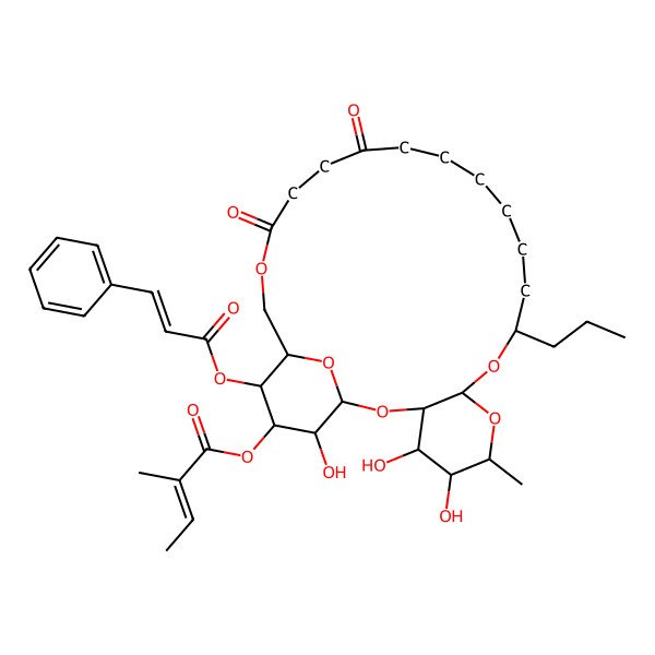 2D Structure of [4,5,26-Trihydroxy-6-methyl-17,20-dioxo-24-(3-phenylprop-2-enoyloxy)-10-propyl-2,7,9,21,27-pentaoxatricyclo[21.3.1.03,8]heptacosan-25-yl] 2-methylbut-2-enoate